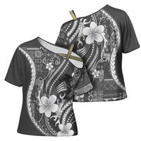 Samoa Siapo Tribal Pattern Cross Shoulder Shirt Light Gray Polynesian Plumeria Tapa Motif