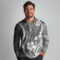 Samoa Siapo Tribal Pattern Long Sleeve Polo Shirt Light Gray Polynesian Plumeria Tapa Motif