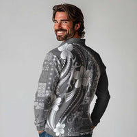 Samoa Siapo Tribal Pattern Long Sleeve Polo Shirt Light Gray Polynesian Plumeria Tapa Motif