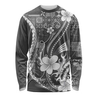Samoa Siapo Tribal Pattern Long Sleeve Shirt Light Gray Polynesian Plumeria Tapa Motif