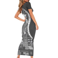 Samoa Siapo Tribal Pattern Short Sleeve Bodycon Dress Light Gray Polynesian Plumeria Tapa Motif
