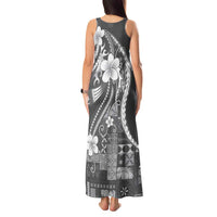 Samoa Siapo Tribal Pattern Tank Maxi Dress Light Gray Polynesian Plumeria Tapa Motif
