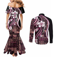 Samoa Siapo Tribal Pattern Couples Matching Mermaid Dress and Long Sleeve Button Shirt Violet Polynesian Plumeria Tapa Motif