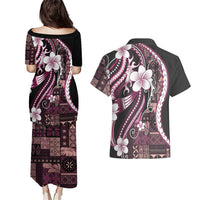 Samoa Siapo Tribal Pattern Couples Matching Puletasi and Hawaiian Shirt Violet Polynesian Plumeria Tapa Motif