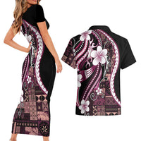 Samoa Siapo Tribal Pattern Couples Matching Short Sleeve Bodycon Dress and Hawaiian Shirt Violet Polynesian Plumeria Tapa Motif