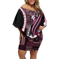 Samoa Siapo Tribal Pattern Family Matching Off Shoulder Short Dress and Hawaiian Shirt Violet Polynesian Plumeria Tapa Motif LT9 Mom's Dress Violet - Polynesian Pride