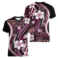 Samoa Siapo Tribal Pattern Women V-Neck T-Shirt Violet Polynesian Plumeria Tapa Motif