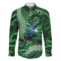 Tui Bird Koru Silver Fern Aotearoa Family Matching Off Shoulder Maxi Dress and Hawaiian Shirt LT9 Dad's Shirt - Long Sleeve Green - Polynesian Pride