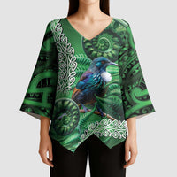 Tui Bird Koru Silver Fern Aotearoa Kimono Sleeve Blouse