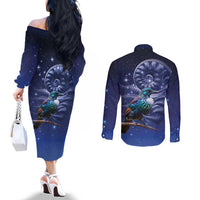 Tui Bird Matariki Galaxy Couples Matching Off The Shoulder Long Sleeve Dress and Long Sleeve Button Shirt Koru Silver Fern Aotearoa