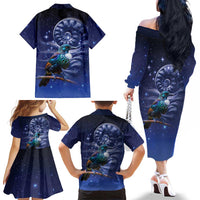 Tui Bird Matariki Galaxy Family Matching Off The Shoulder Long Sleeve Dress and Hawaiian Shirt Koru Silver Fern Aotearoa LT9 - Polynesian Pride