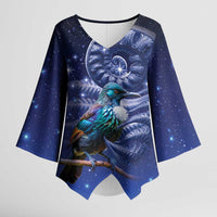 Tui Bird Matariki Galaxy Kimono Sleeve Blouse Koru Silver Fern Aotearoa