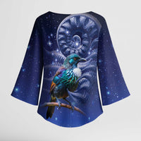 Tui Bird Matariki Galaxy Kimono Sleeve Blouse Koru Silver Fern Aotearoa