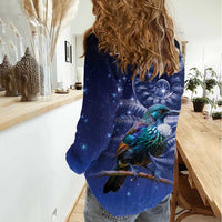 Tui Bird Matariki Galaxy Women Casual Shirt Koru Silver Fern Aotearoa