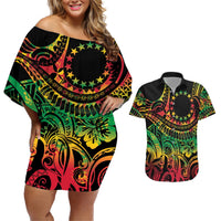 Cook Islands 15 Stars Couples Matching Off Shoulder Short Dress and Hawaiian Shirt Kuki Airani Polynesian Tribal Wave Tattoo LT9 Reggae - Polynesian Pride