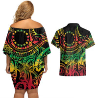 Cook Islands 15 Stars Couples Matching Off Shoulder Short Dress and Hawaiian Shirt Kuki Airani Polynesian Tribal Wave Tattoo LT9 - Polynesian Pride