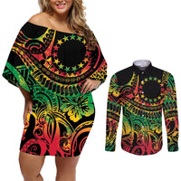 Cook Islands 15 Stars Couples Matching Off Shoulder Short Dress and Long Sleeve Button Shirt Kuki Airani Polynesian Tribal Wave Tattoo LT9 Reggae - Polynesian Pride