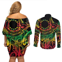 Cook Islands 15 Stars Couples Matching Off Shoulder Short Dress and Long Sleeve Button Shirt Kuki Airani Polynesian Tribal Wave Tattoo LT9 - Polynesian Pride