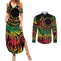 Cook Islands 15 Stars Couples Matching Summer Maxi Dress and Long Sleeve Button Shirt Kuki Airani Polynesian Tribal Wave Tattoo LT9 Reggae - Polynesian Pride