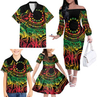 Cook Islands 15 Stars Family Matching Off The Shoulder Long Sleeve Dress and Hawaiian Shirt Kuki Airani Polynesian Tribal Wave Tattoo LT9 - Polynesian Pride