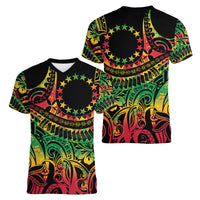Cook Islands 15 Stars Women V-Neck T-Shirt Kuki Airani Polynesian Tribal Wave Tattoo