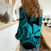 Custom King Kamehameha Day Hawaii Women Casual Shirt Paradise of the Pacific Tribal Kakau - Aqua LT9 - Polynesian Pride