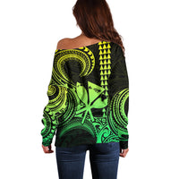 King Kamehameha Day Hawaii Off Shoulder Sweater Paradise of the Pacific Tribal Kakau with Kanaka Maoli - Lime LT9 - Polynesian Pride