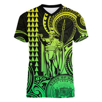 King Kamehameha Day Hawaii Women V Neck T Shirt Paradise of the Pacific Tribal Kakau with Kanaka Maoli - Lime LT9 Female Lime - Polynesian Pride