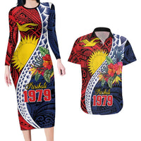 Flag of Kiribati Polynesian Pattern Couples Matching Long Sleeve Bodycon Dress and Hawaiian Shirt Est 1979 With Tropical Flowers LT9 Red - Polynesian Pride