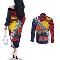 Flag of Kiribati Polynesian Pattern Couples Matching Off The Shoulder Long Sleeve Dress and Long Sleeve Button Shirt Est 1979 With Tropical Flowers