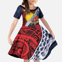 Flag of Kiribati Polynesian Pattern Family Matching Off Shoulder Maxi Dress and Hawaiian Shirt Est 1979 With Tropical Flowers LT9 Daughter's Dress Red - Polynesian Pride