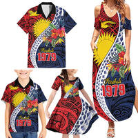Flag of Kiribati Polynesian Pattern Family Matching Summer Maxi Dress and Hawaiian Shirt Est 1979 With Tropical Flowers LT9 - Polynesian Pride