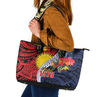 Flag of Kiribati Polynesian Pattern Leather Tote Bag Est 1979 With Tropical Flowers