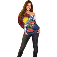 Flag of Kiribati Polynesian Pattern Off Shoulder Sweater Est 1979 With Tropical Flowers LT9 - Polynesian Pride