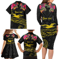Kiribati Independence Day Personalised Family Matching Long Sleeve Bodycon Dress and Hawaiian Shirt Gold Frigatebird with Polynesian Pattern LT9 - Polynesian Pride