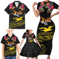 Kiribati Independence Day Personalised Family Matching Short Sleeve Bodycon Dress and Hawaiian Shirt Gold Frigatebird with Polynesian Pattern LT9 - Polynesian Pride
