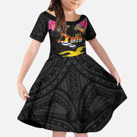 Kiribati Independence Day Personalised Family Matching Tank Maxi Dress and Hawaiian Shirt Gold Frigatebird with Polynesian Pattern LT9 Daughter's Dress Black - Polynesian Pride