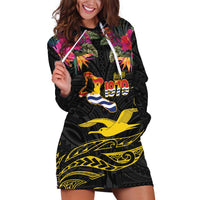 Kiribati Independence Day Personalised Hoodie Dress Gold Frigatebird with Polynesian Pattern LT9 Black - Polynesian Pride