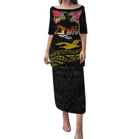 Kiribati Independence Day Personalised Puletasi Gold Frigatebird with Polynesian Pattern