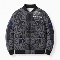 Custom New Zealand Taiaha Maori Bomber Puffer Jacket Minimalist Silver Fern All Black - Polynesian Pride