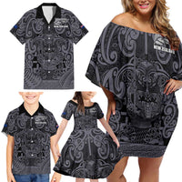 Custom New Zealand Taiaha Maori Family Matching Off Shoulder Short Dress and Hawaiian Shirt Minimalist Silver Fern All Black LT9 - Polynesian Pride
