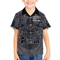 Custom New Zealand Taiaha Maori Family Matching Short Sleeve Bodycon Dress and Hawaiian Shirt Minimalist Silver Fern All Black LT9 Son's Shirt Black - Polynesian Pride