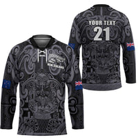 Custom New Zealand Taiaha Maori Hockey Jersey Minimalist Silver Fern All Black - Polynesian Pride