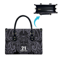 Custom New Zealand Taiaha Maori Leather Bag Minimalist Silver Fern All Black - Polynesian Pride