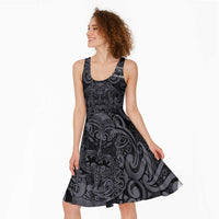 Custom New Zealand Taiaha Maori Midi Dress Minimalist Silver Fern All Black - Polynesian Pride