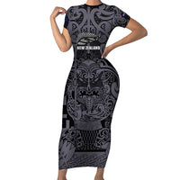 Custom New Zealand Taiaha Maori Short Sleeve Bodycon Dress Minimalist Silver Fern All Black LT9 Long Dress Black - Polynesian Pride
