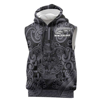 Custom New Zealand Taiaha Maori Sleeveless Hoodie Minimalist Silver Fern All Black LT9 Black - Polynesian Pride