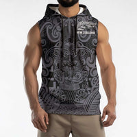 Custom New Zealand Taiaha Maori Sleeveless Hoodie Minimalist Silver Fern All Black LT9 - Polynesian Pride