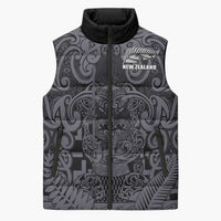 Custom New Zealand Taiaha Maori Sleeveless Puffer Jacket Minimalist Silver Fern All Black - Polynesian Pride