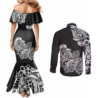 Polynesian Couples Matching Mermaid Dress and Long Sleeve Button Shirts Pacific Flower Mix Floral Tribal Tattoo Black Vibe LT9 - Polynesian Pride